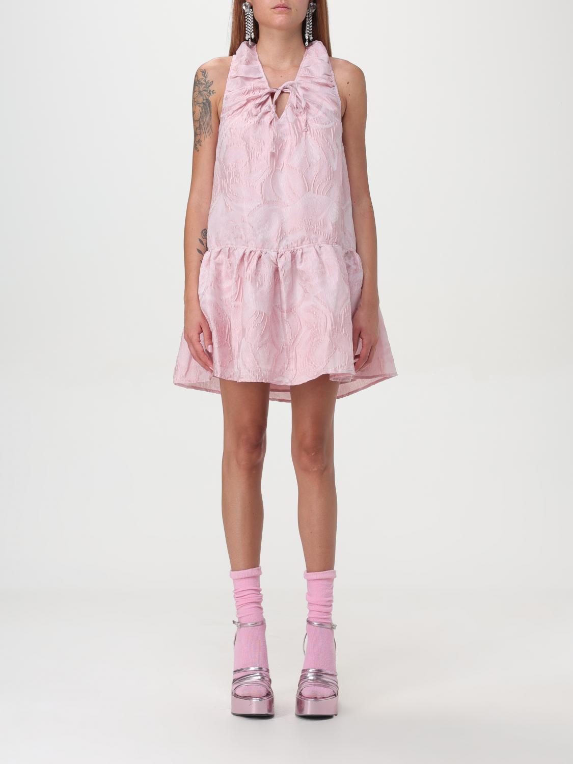 Ganni Pink Textured Cloqué Mini Dress In Pink