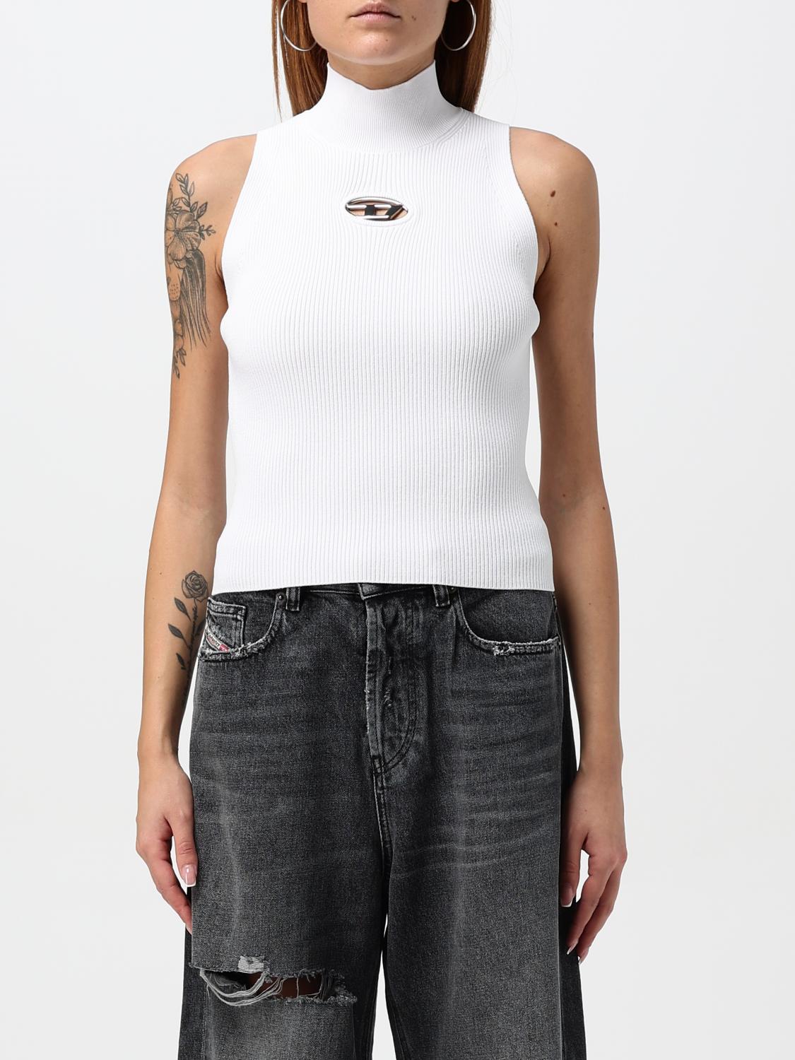 Diesel Sleeveless Ribbed Knit Top With Metallic Logo Detail In Weiss