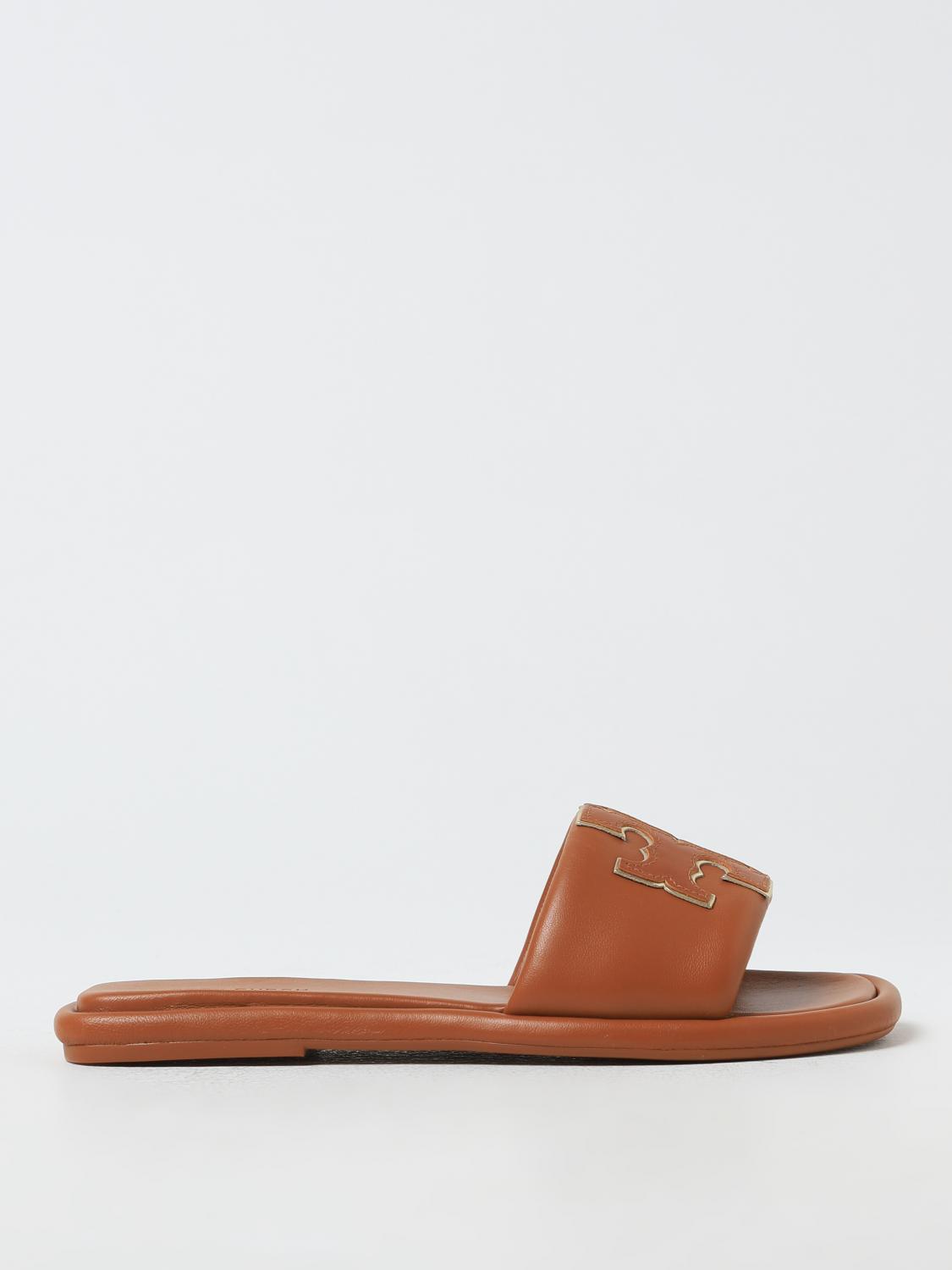Tory Burch Double T Leather Medallion Slide Sandals In Leder