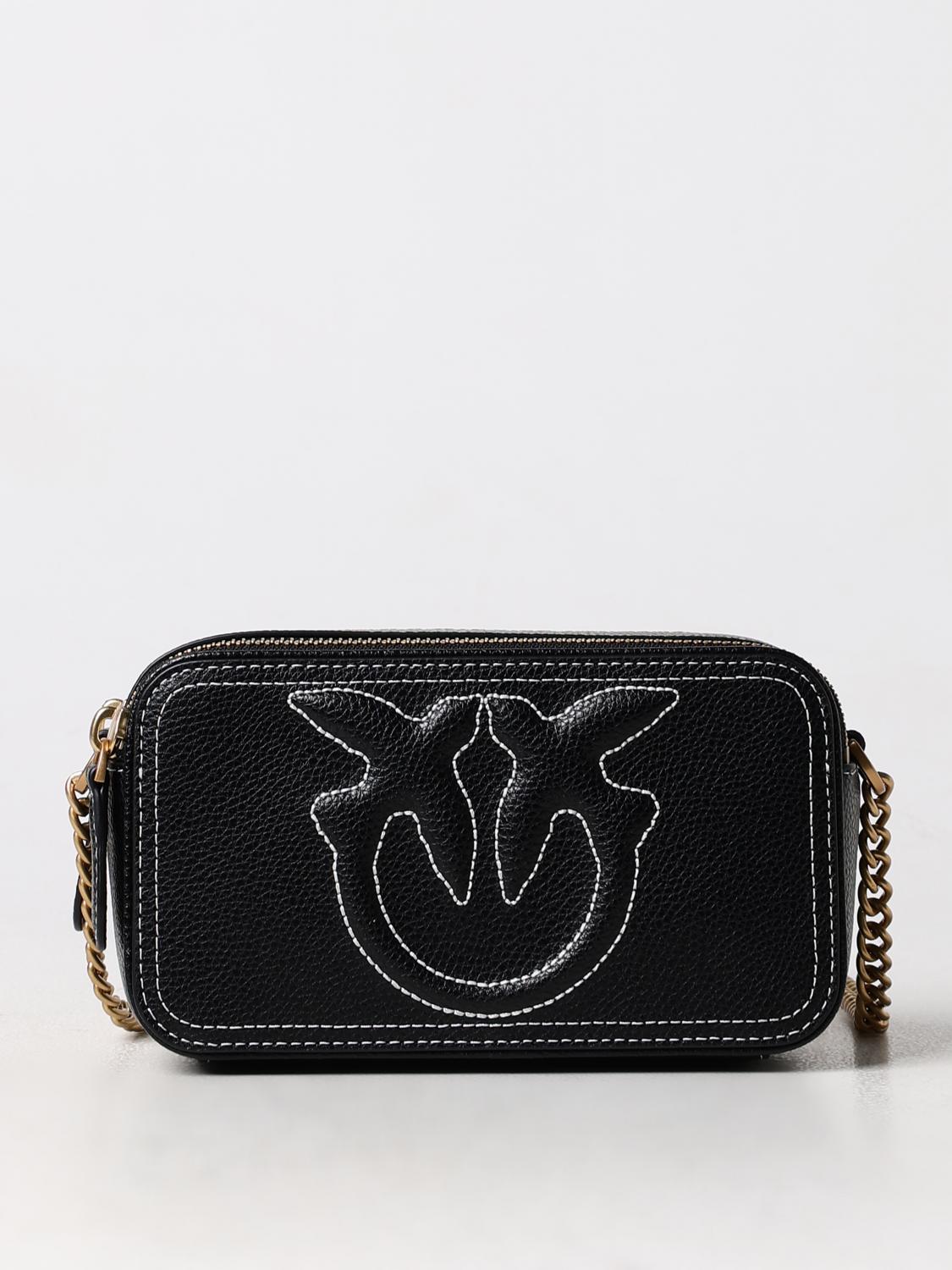 Pinko Borsa A Tracolla Nera Carrie Con Logo Love Birds In Rilievo In Black