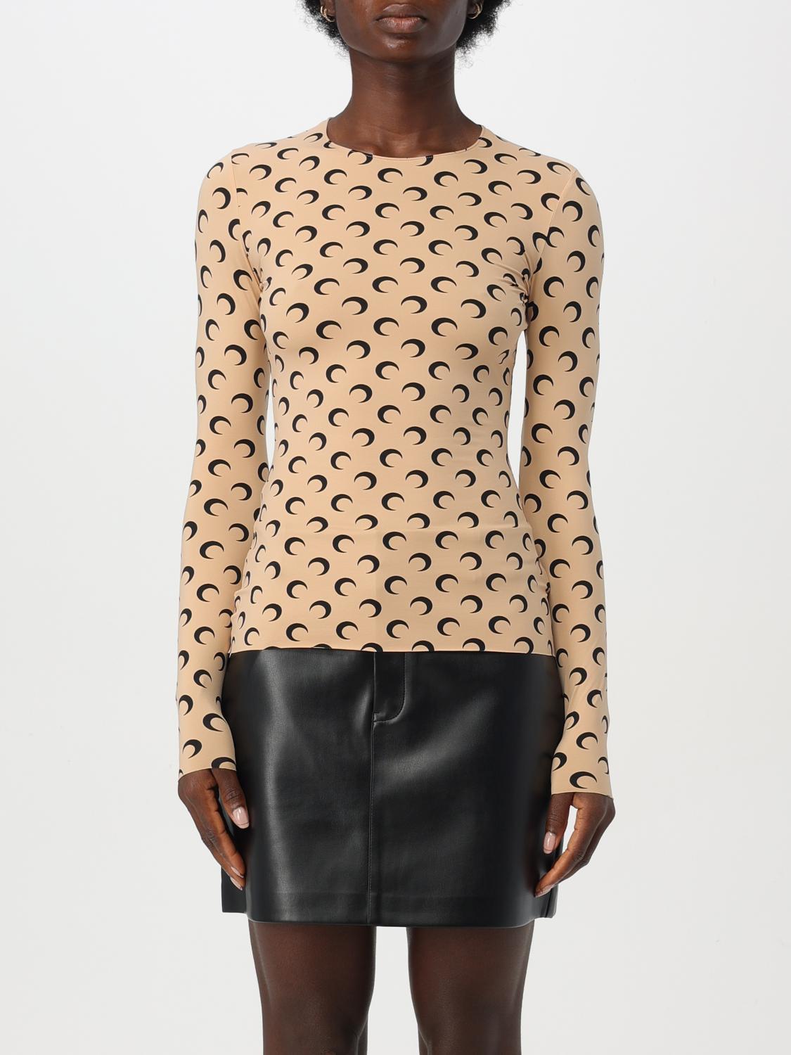 Marine Serre Beige Crewneck T-shirt With All-over Crescent Moon Print In Camel