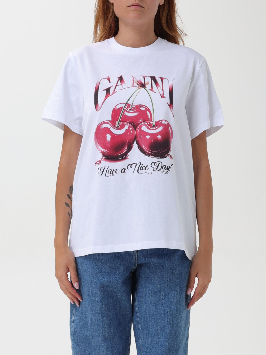 Ganni White T-shirt With Cherry Print And Logo Lettering On The Front In Cotton Woman In Weiss