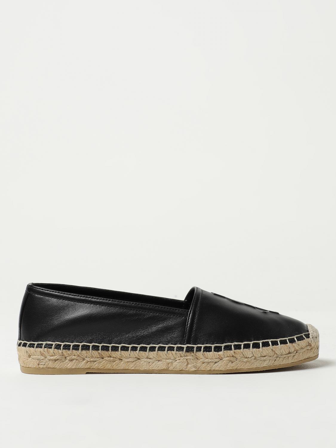 Saint Laurent Logo Embossed Calf Leather Flat Espadrilles In Black