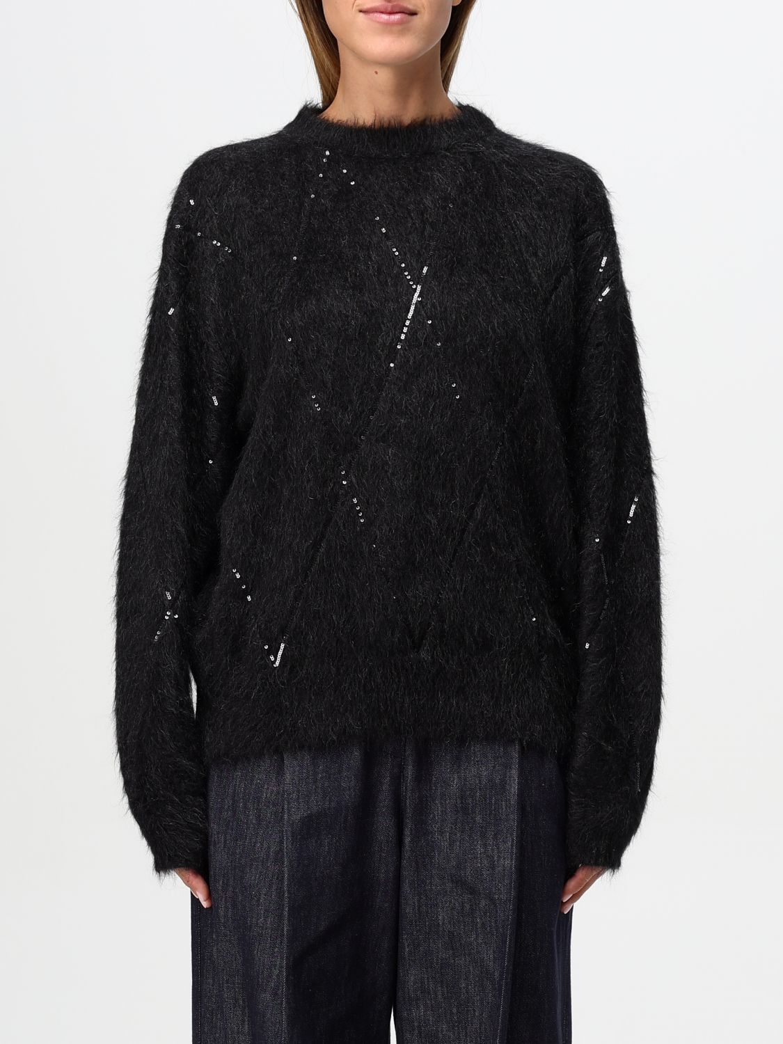 Brunello Cucinelli Women's Mohair, Wool, Cashmere And Silk Sweater With Dazzling Argyle Embroidery In Charcoal