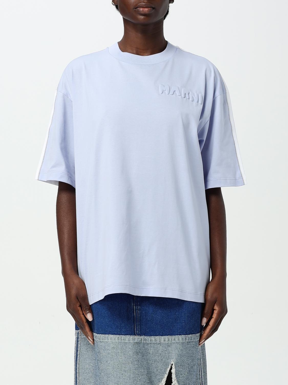 Marni Cotton Knit T-shirt With Logo Detail In Blau