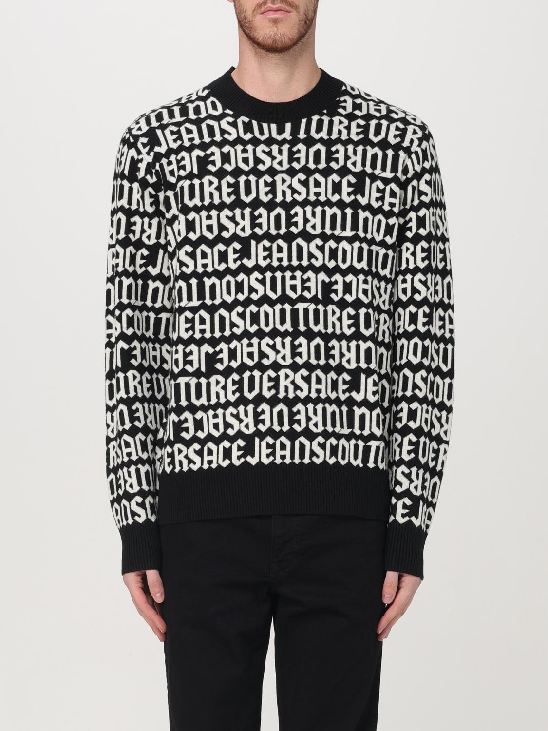 Versace Jeans Couture Monogram Crewneck Sweater With Ribbed Finish In Schwarz
