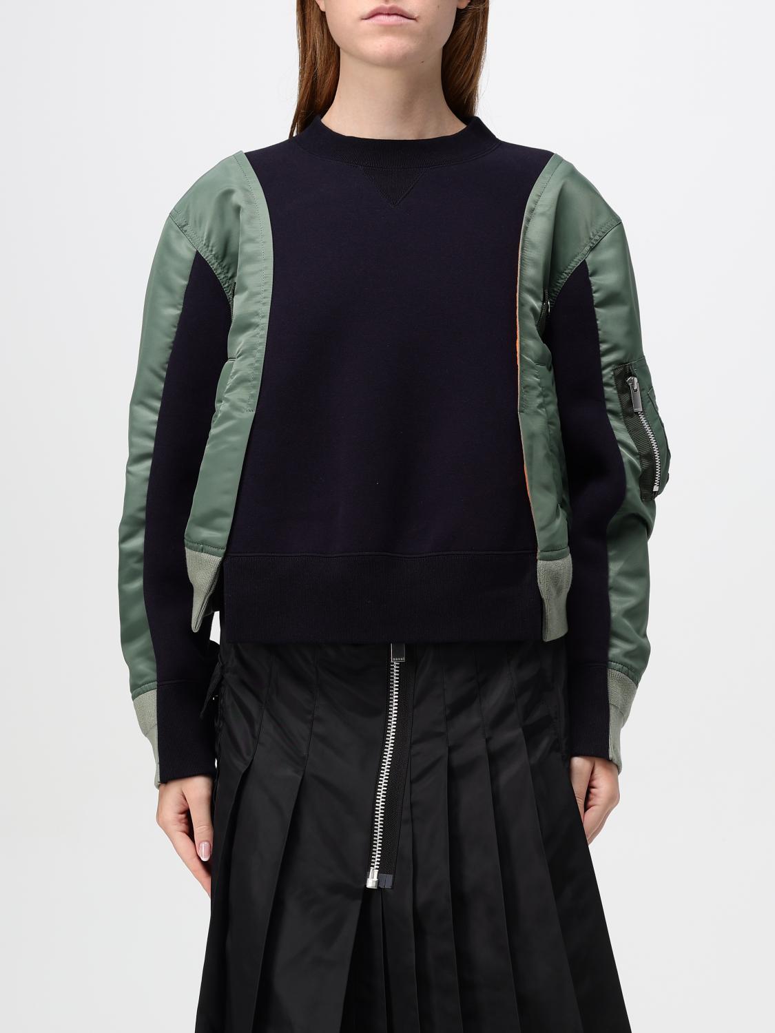 Sacai Mixed-media Colorblock Sweatshirt In Kaki