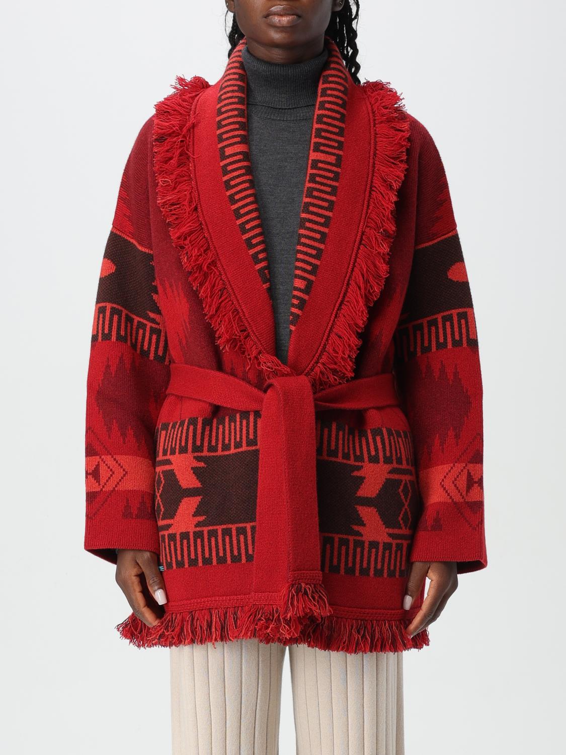 Alanui Bandana Jacquard Fringed Belted Cardigan In Rot