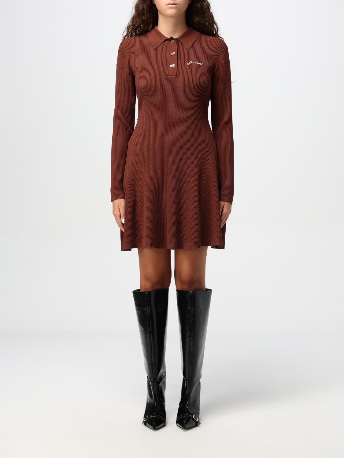 Shop Ganni Dress  Woman Color Brown In Braun