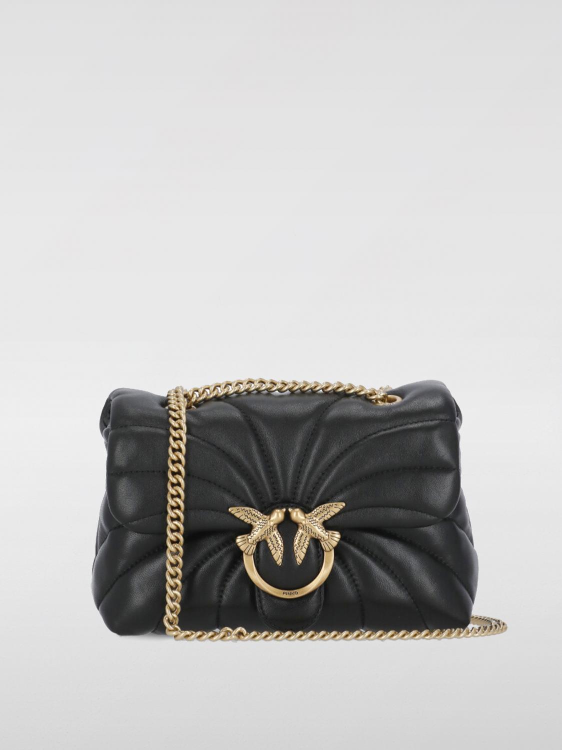 Pinko Matelassé Leather Shoulder Bag With Love Birds Buckle In Black