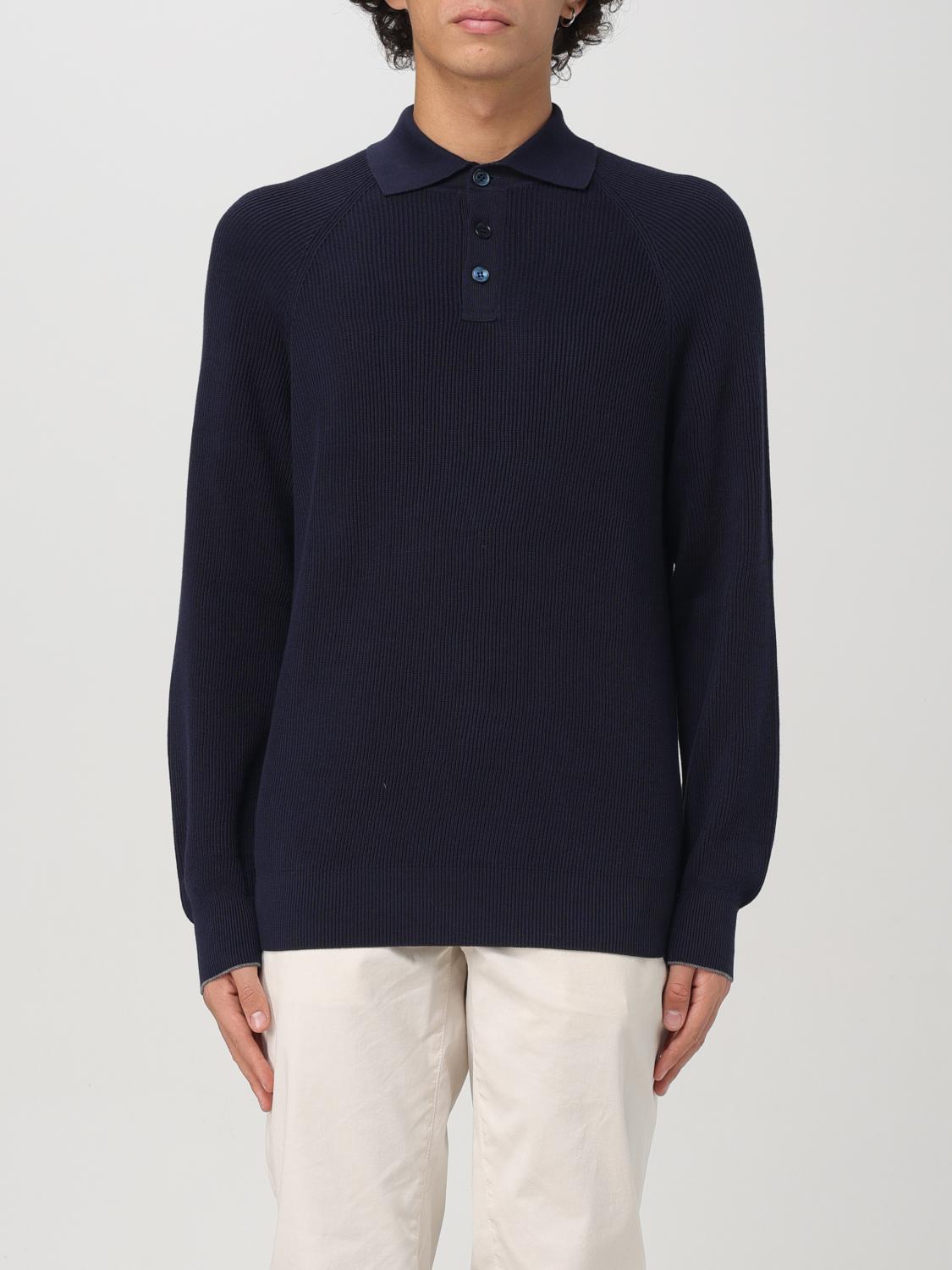 Brunello Cucinelli Ribbed Blue Polo Shirt In Cotton Long-sleeves In Blau