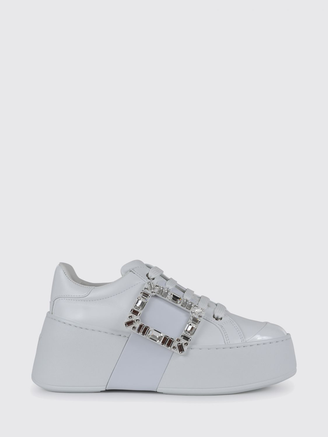 Roger Vivier Viv Skate Crystal-embellished Rubber-trimmed Leather Sneakers In White