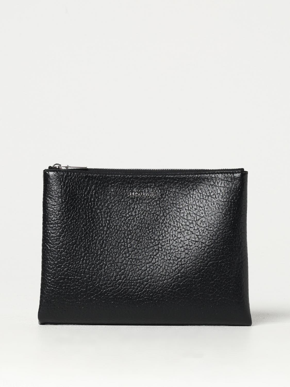 Alexander Mcqueen Black Hammered Leather Clutch Bag With Logo In 黑色