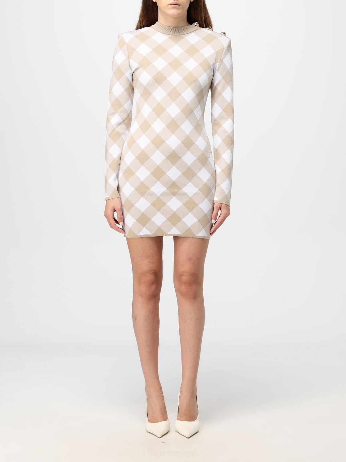 Balmain Checked Pattern Dress Gold-tone Buttons In 米色