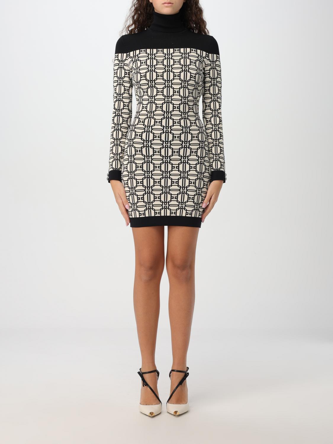 Elisabetta Franchi Mini Dress Turtleneck Jacquard Logo In Butter
