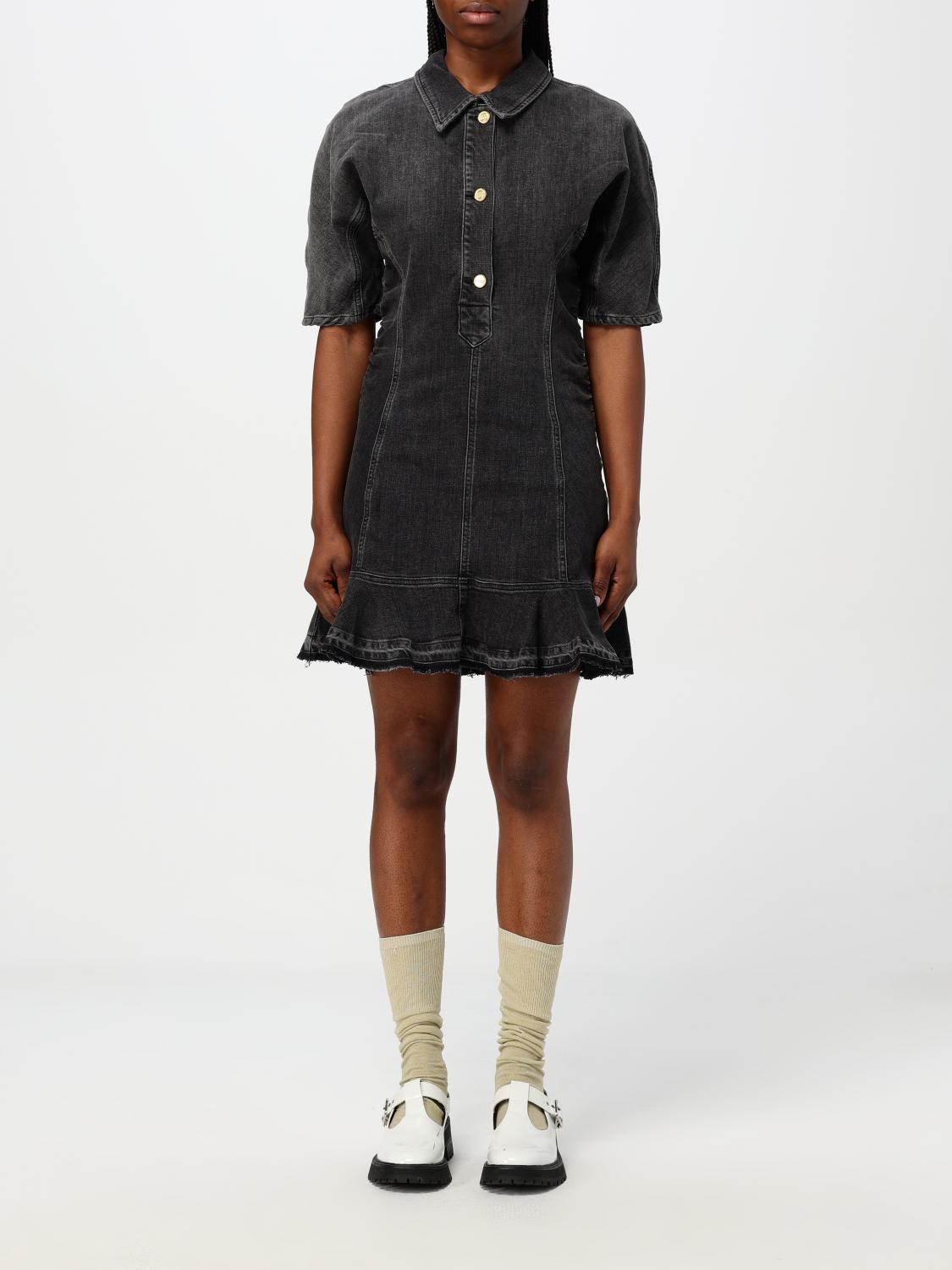 Ganni Ruched Side Fitted Dress With Short Sleeves In Schwarz