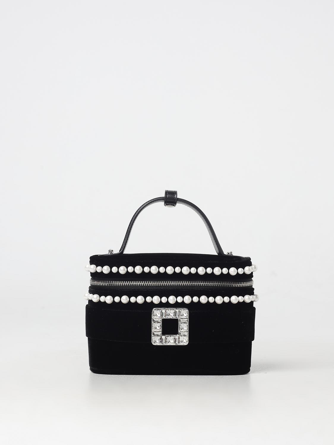 Roger Vivier Mini Velvet Vanity Handbag With Beads And Rhinestone Buckle In Black