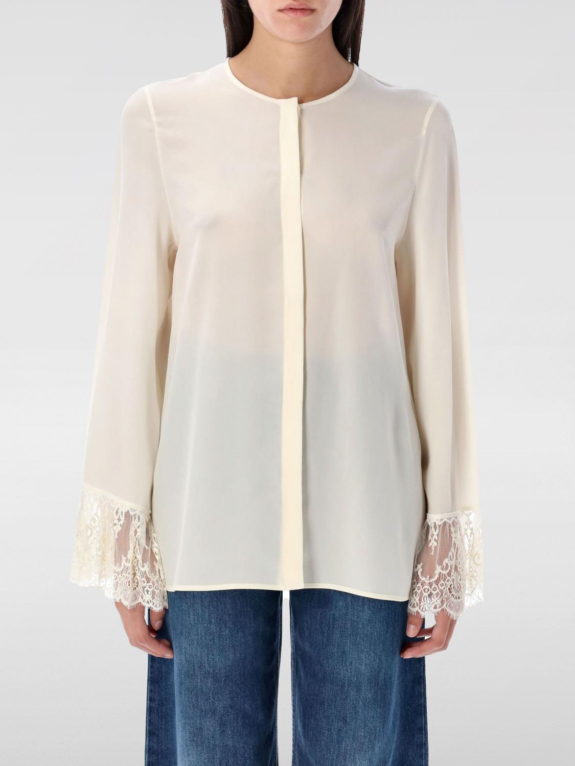 Chloé Button Down Crepe De Chine Top With Lace Sleeves In Weiss