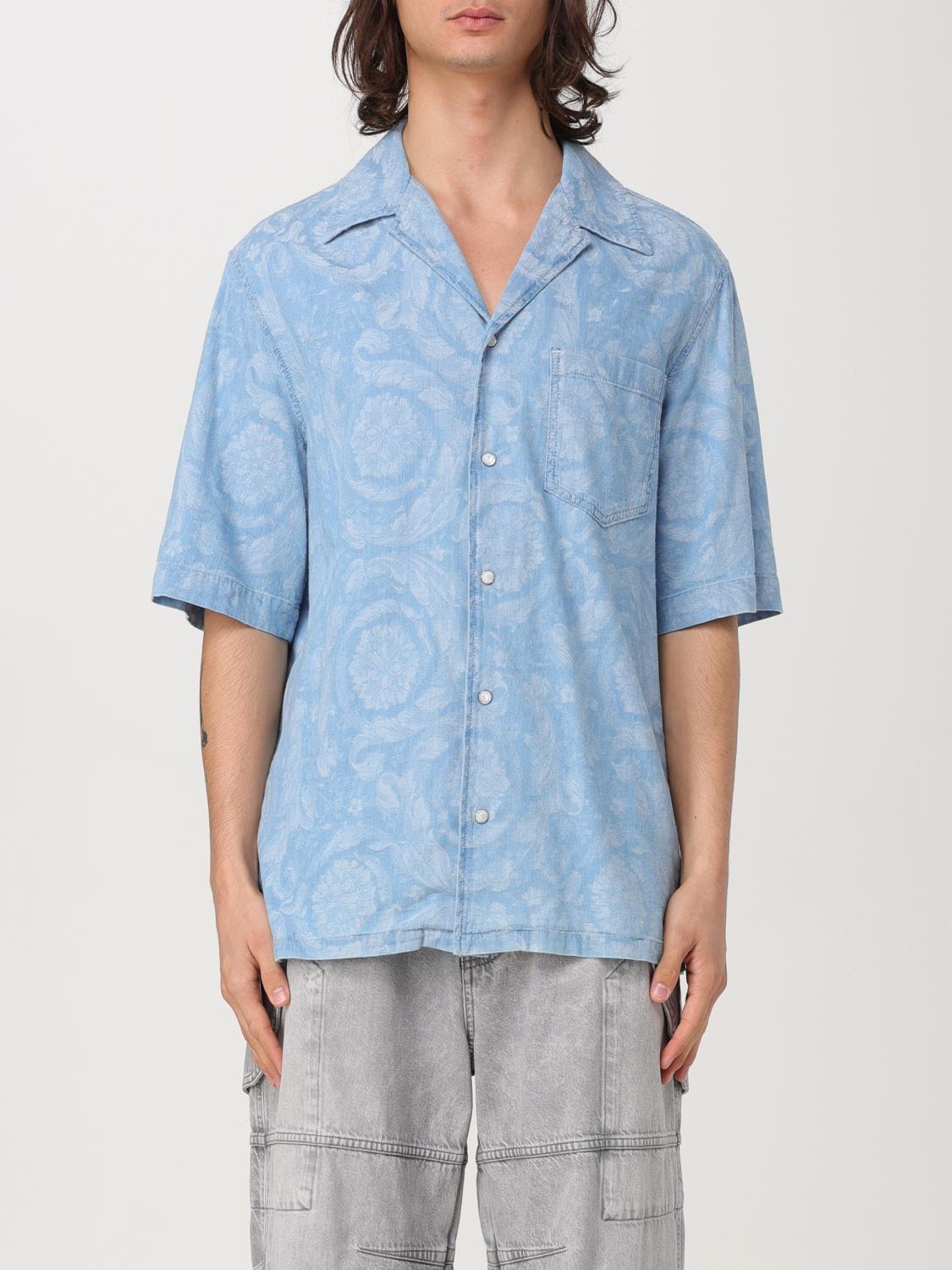 Versace Camp-collar Cotton-chambray Jacquard Shirt In Blau