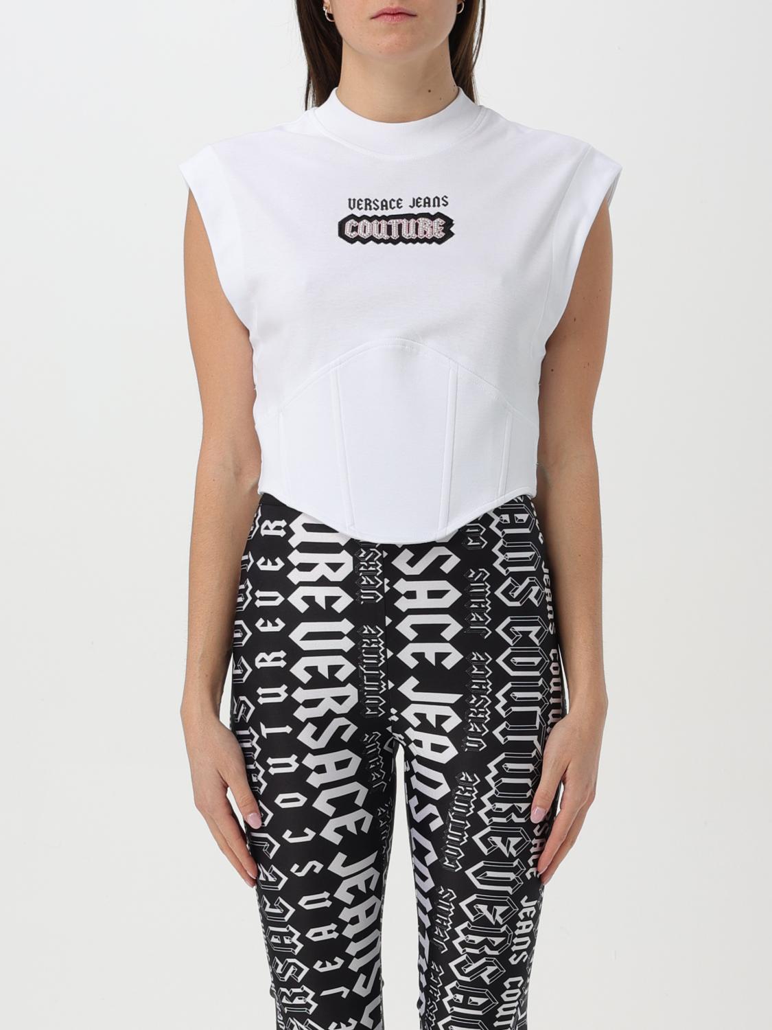 Versace Jeans Couture White Top With Logo And Cap Sleeves In Weiss