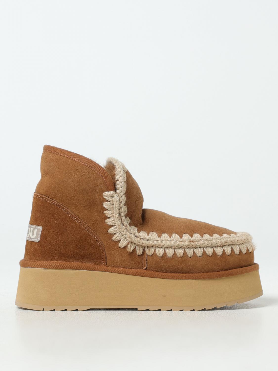 Mou Mini Eskimo Beige Ankle Boots With Logo Patch On The Rear In Leather And Suede Woman In Braun
