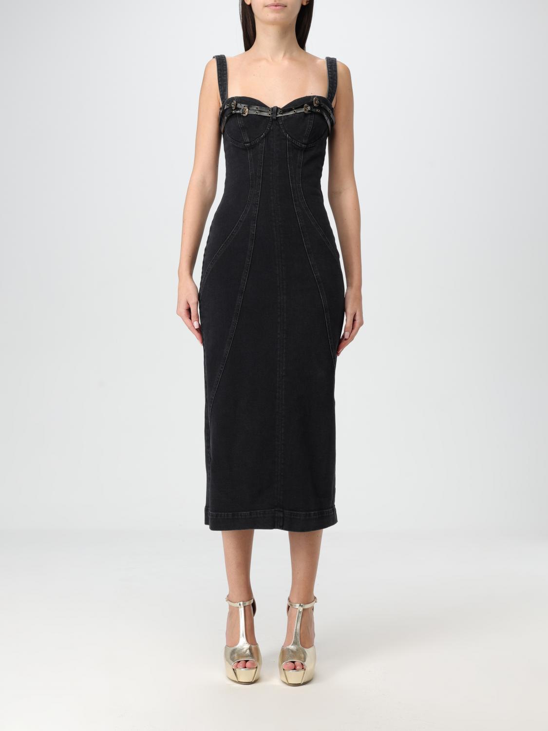 Versace Jeans Couture Woman Midi Dress Black Size 4 Cotton, Elastane, Polyurethane Resin, Polyester In Schwarz