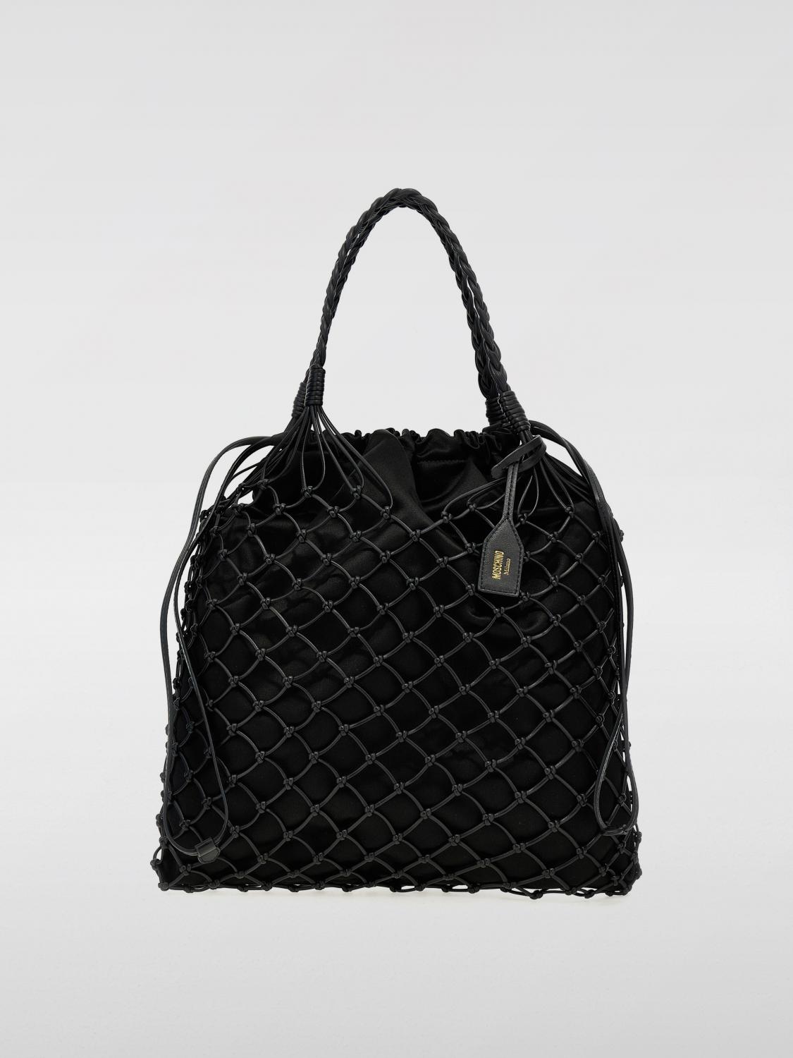 Moschino Large Brown Nappa Handbag With Woven Handle In Black
