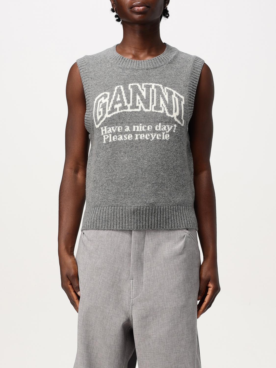 Ganni Knitted Vest With Logo In Grau