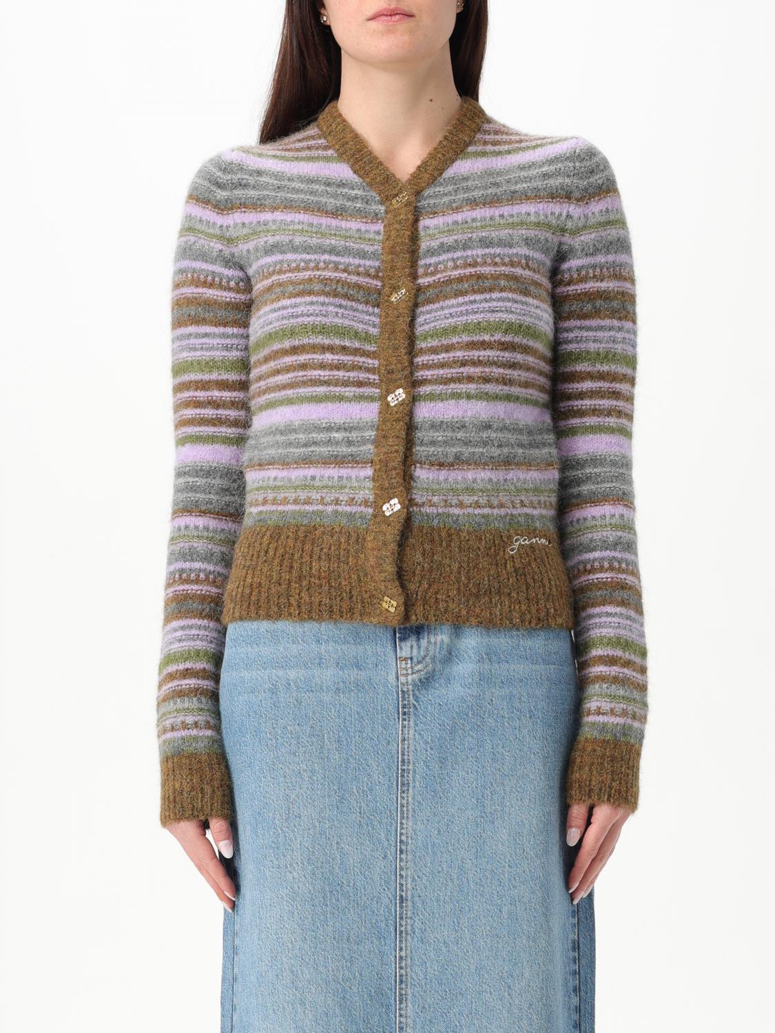 Ganni Soft Wool Stripe Cardigan In Olive