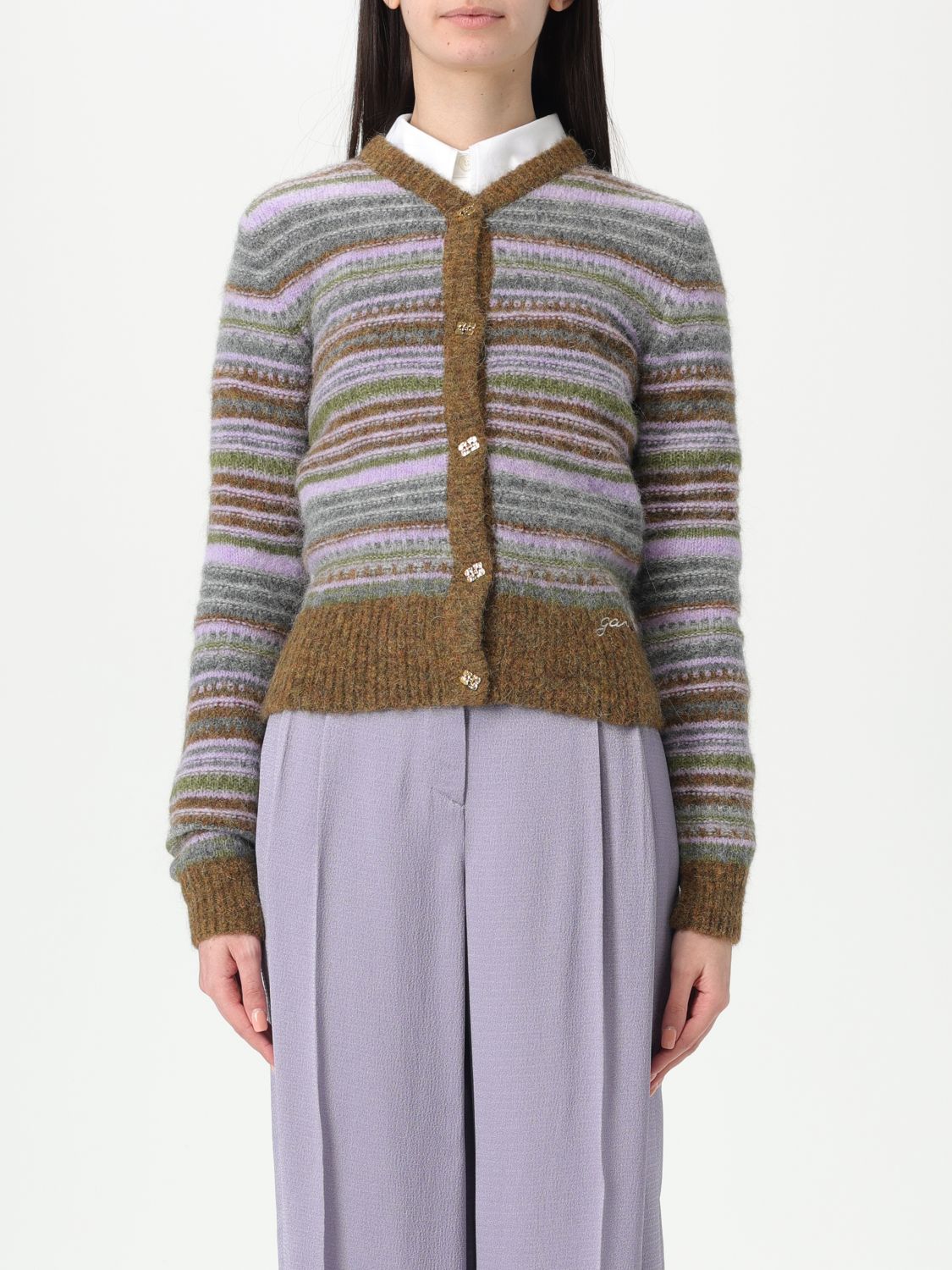 Ganni Soft Wool Stripe Cardigan In Military