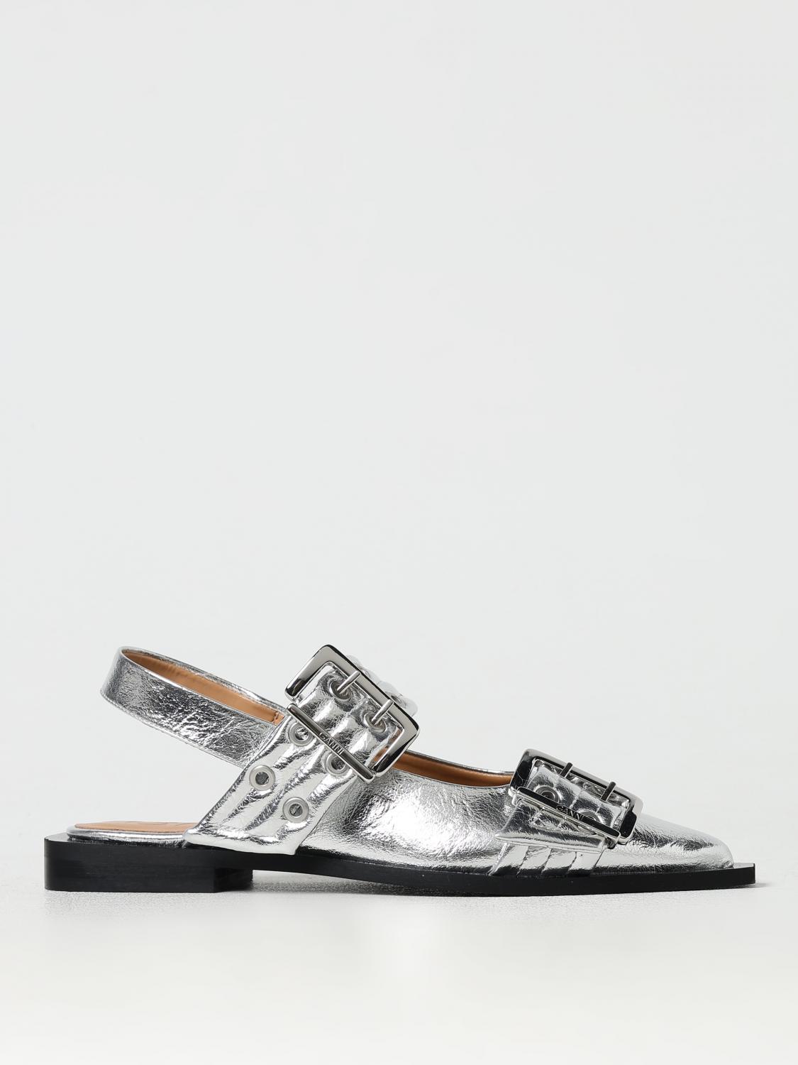Ganni Buckle Metallic Ballerinas In Silber
