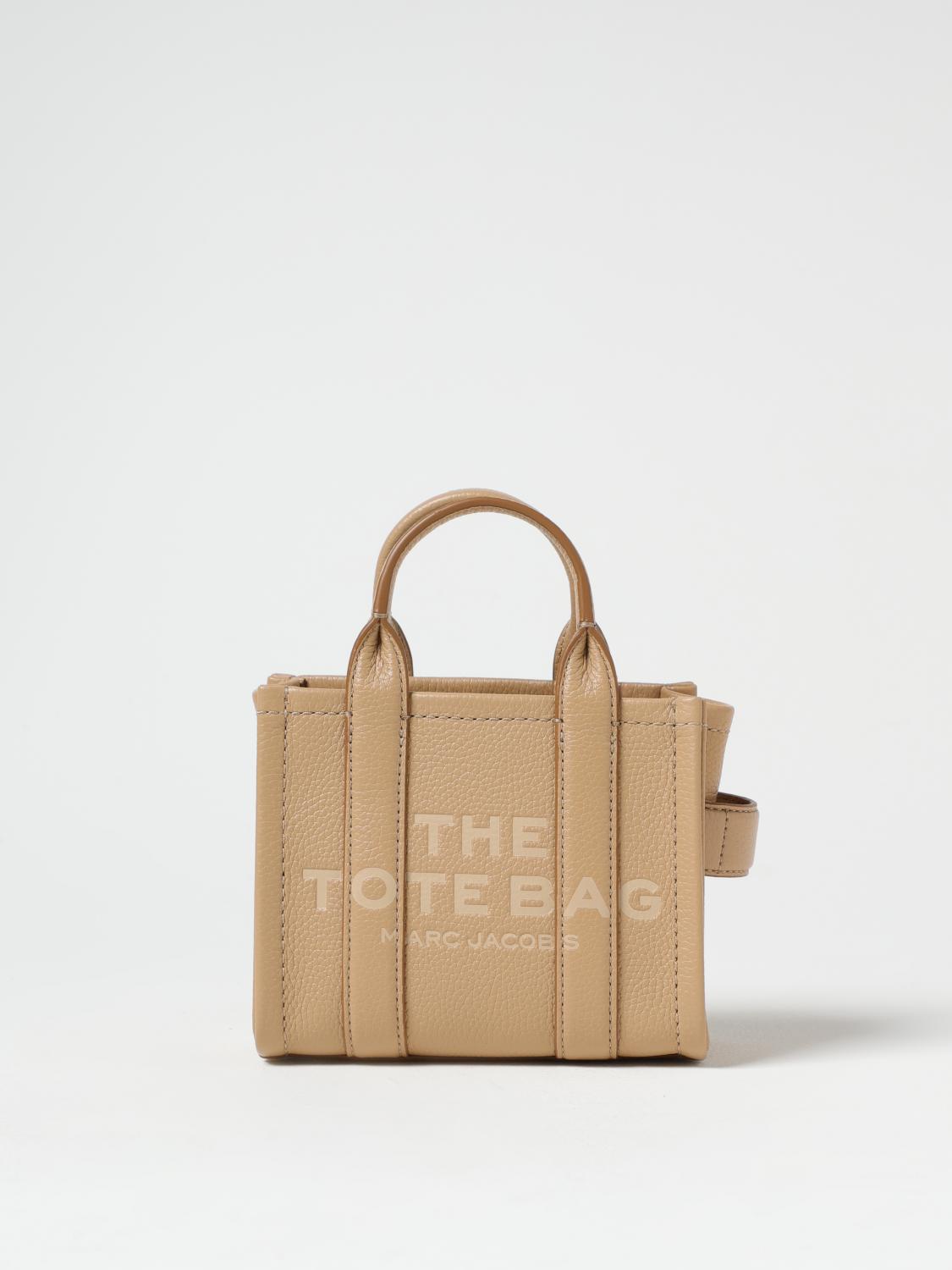 Marc Jacobs 'the Mini Tote' Beige Tote Bag With Logo Lettering On The Front In Grained Leather Woman In Beige