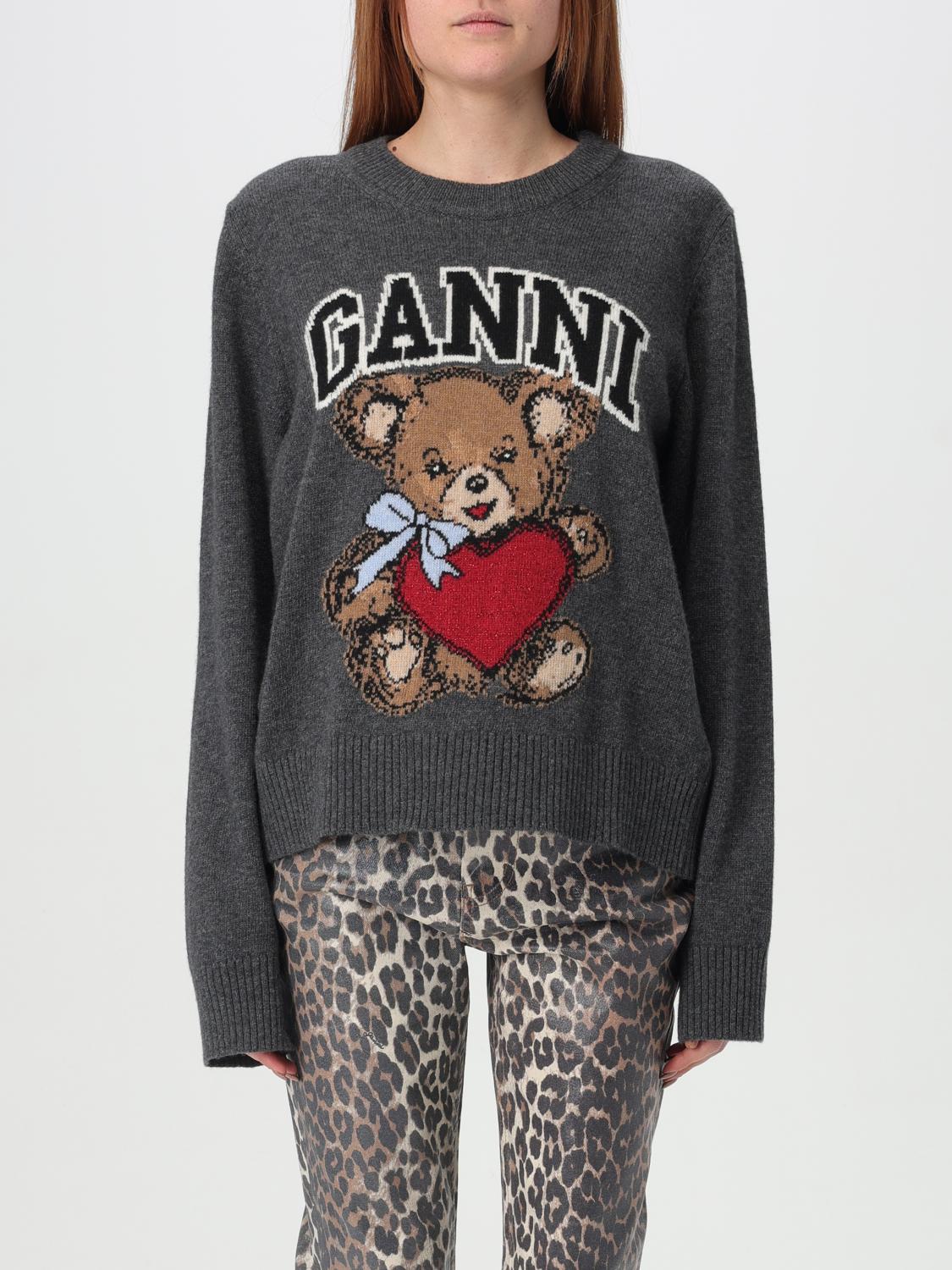Ganni Wool Graphic Bear Crewneck Sweater In Grey