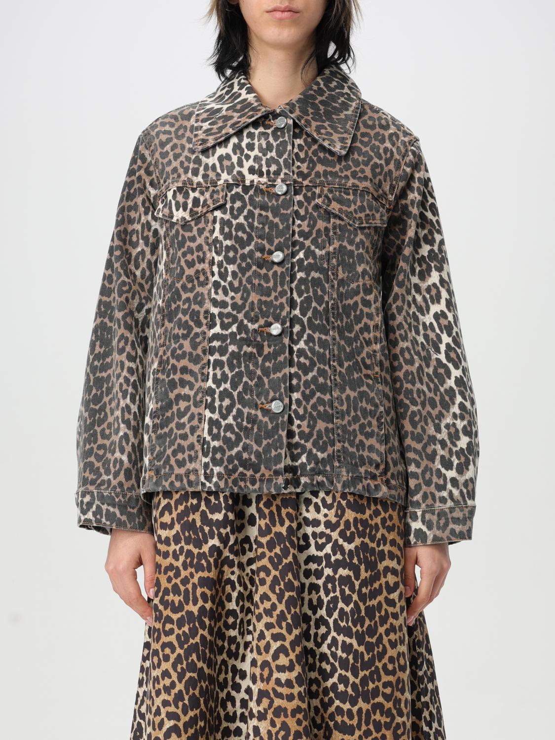 Ganni Leopard Print Canvas Overshirt In Brown