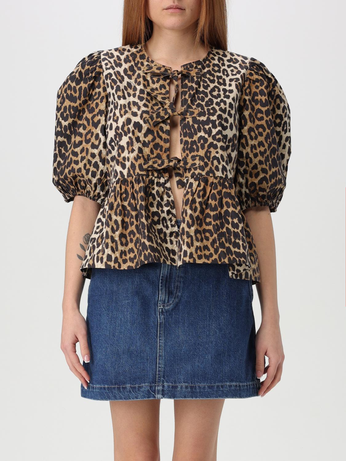 Ganni Multicolor Blouse With Front Tie Closure And All-over Leopard Motif In Cotton Woman In Brown