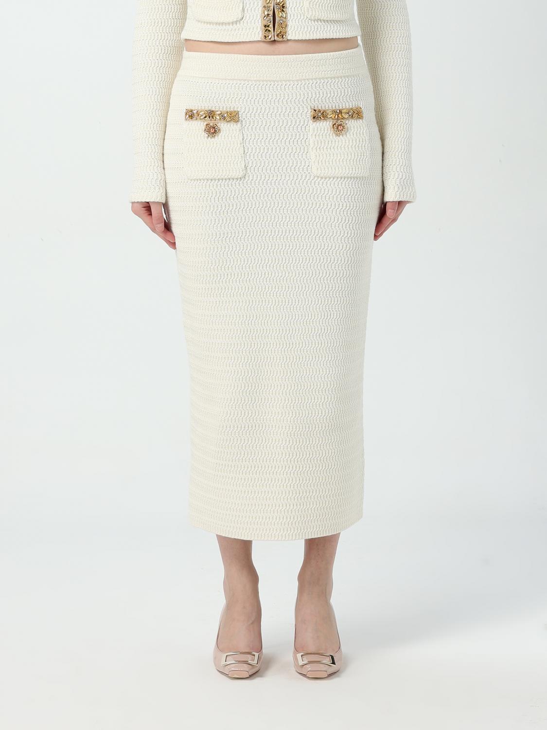 Self-portrait Cream Knit Lurex Trim Midi Skirt In Beige