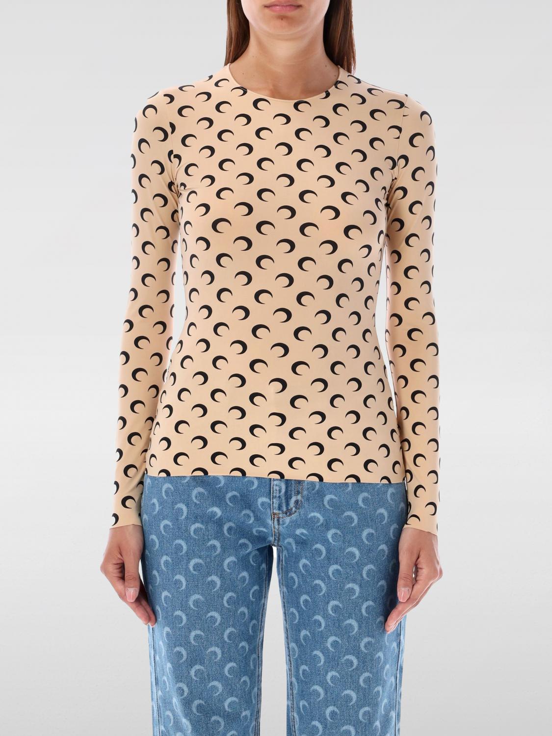 Marine Serre Beige Crewneck T-shirt With All-over Crescent Moon Print In Brown
