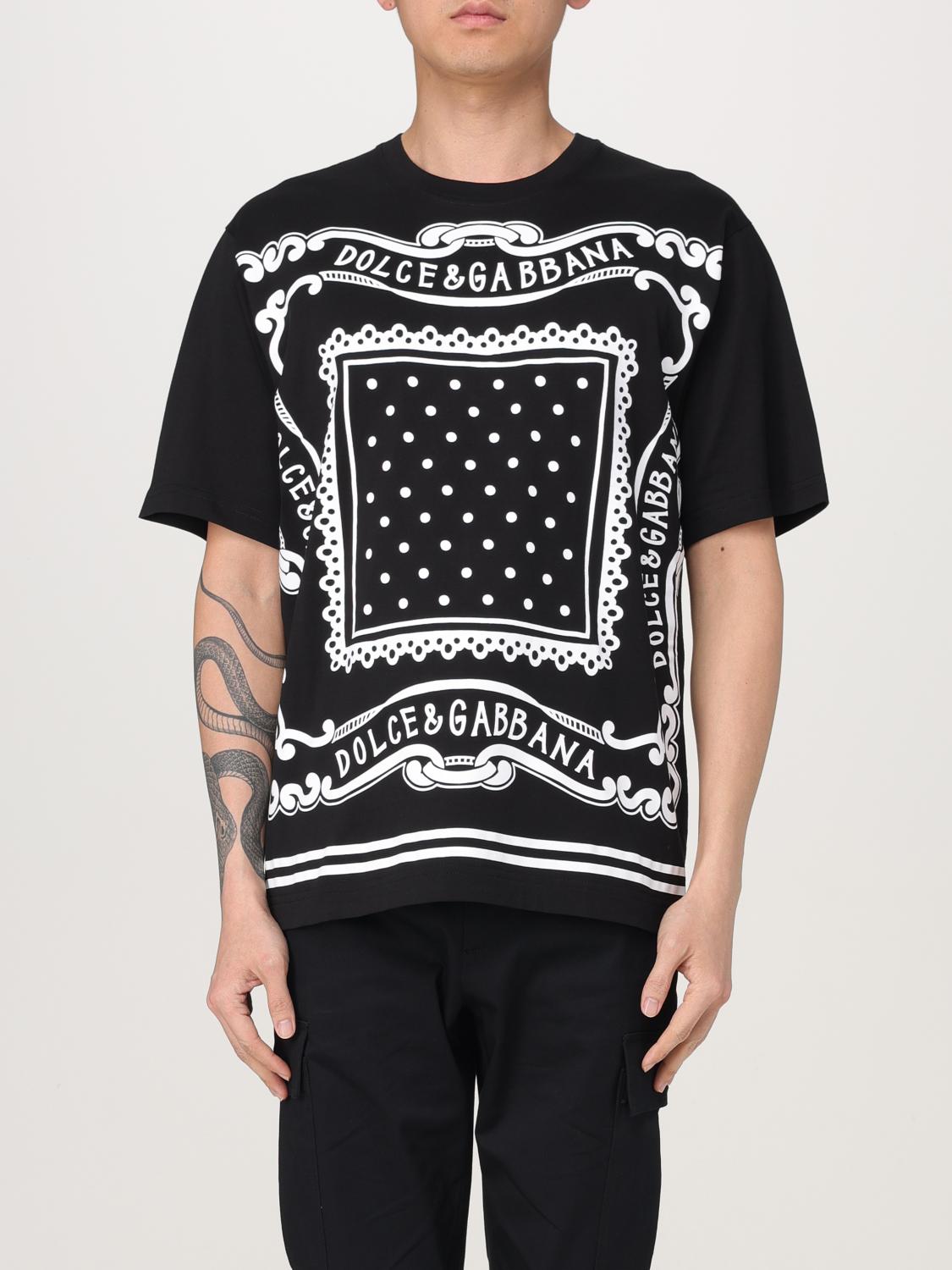 Dolce & Gabbana Men Black Crewneck T-shirt With Bandana Print All-over In Cotton Woman