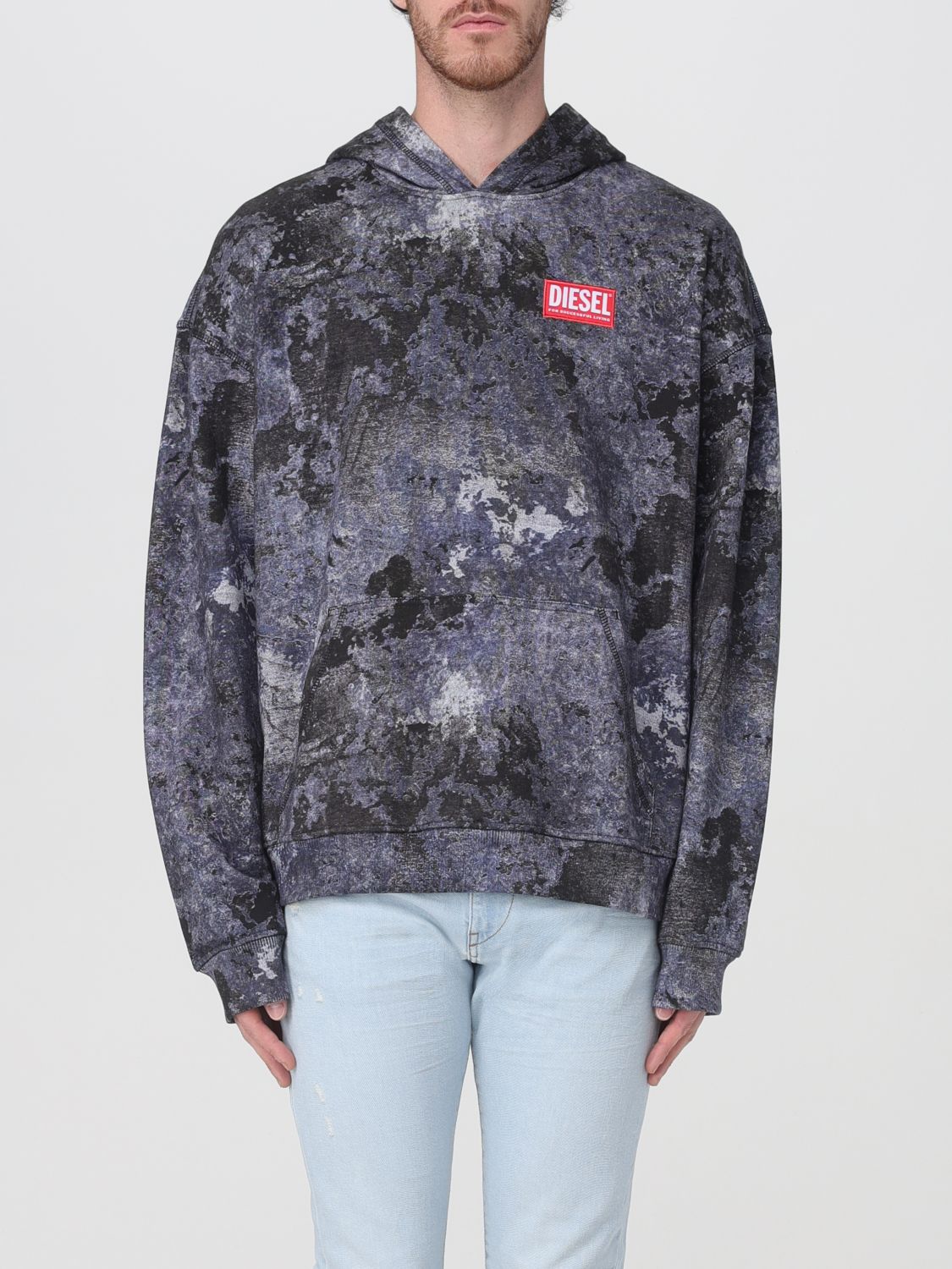 Diesel Crewneck Sweater With Hood And Abstract Print In Blue