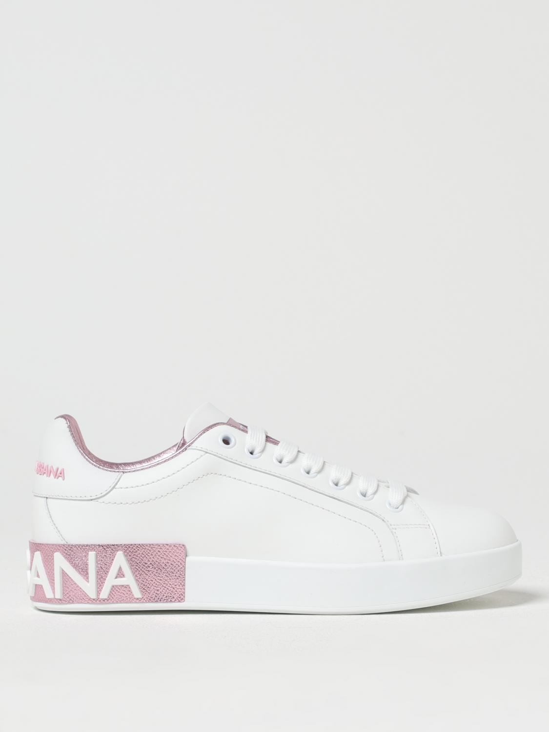 Dolce & Gabbana Portofino White And Pink Low Top Sneakers With Logo In Leather Woman In White