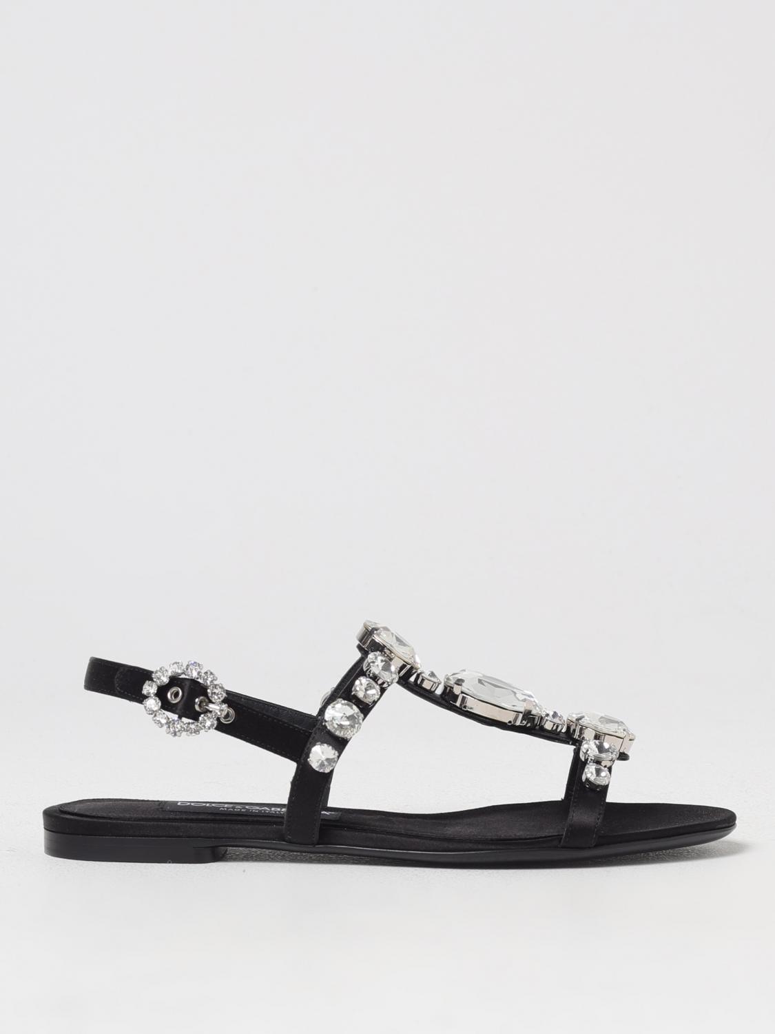 Dolce & Gabbana Black Sandals With Embroidered Stones Decorations In Satin Woman In Black