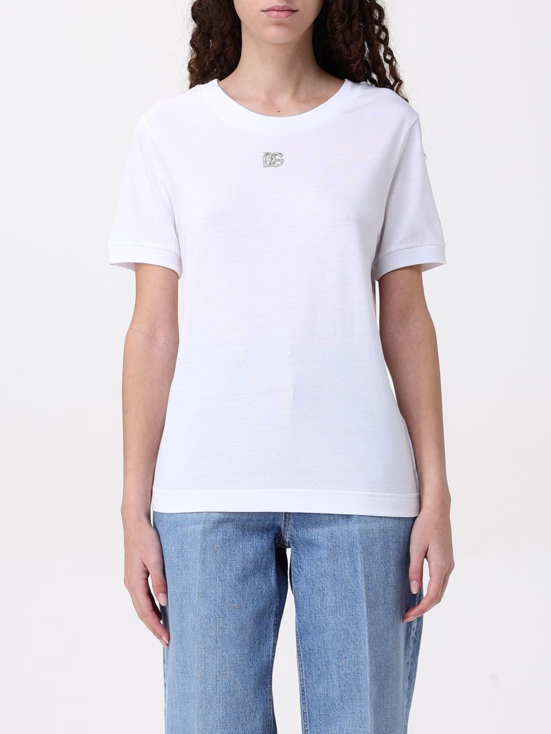 Dolce & Gabbana White T-shirt With Dg Logo On The Front Finished With Rhinestones In Cotton Woman In White