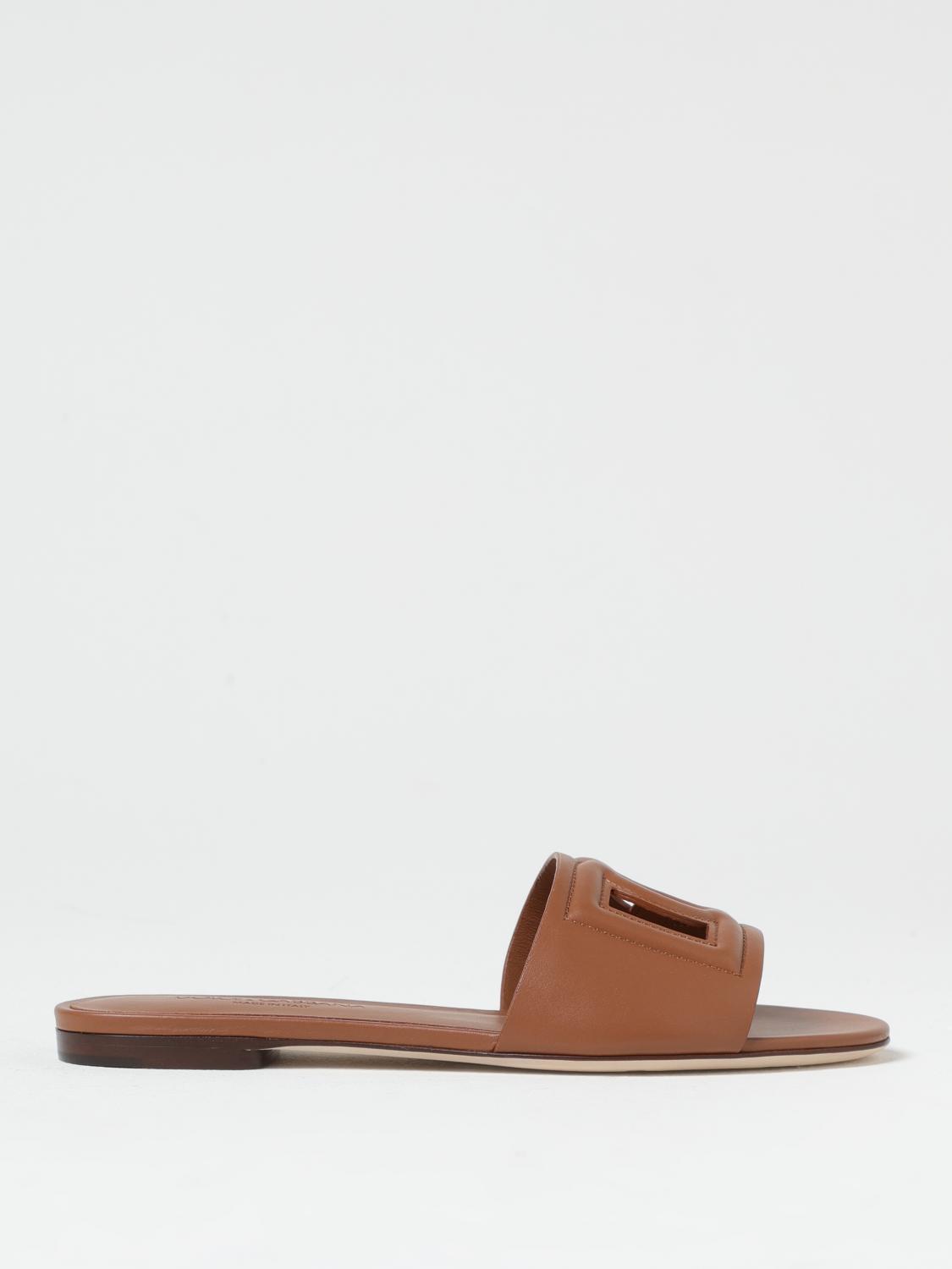 Dolce & Gabbana Leather Slide Sandals With Cut-out Front Details In 棕色
