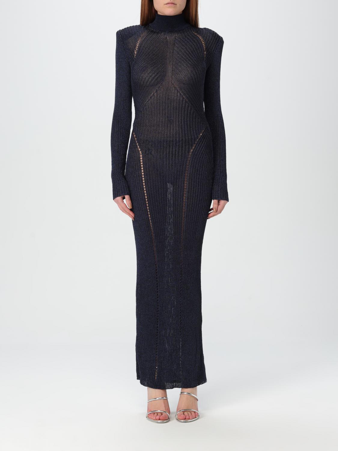 Self-portrait Ribbed Lurex Knit Turtleneck Maxi Dress In Blue