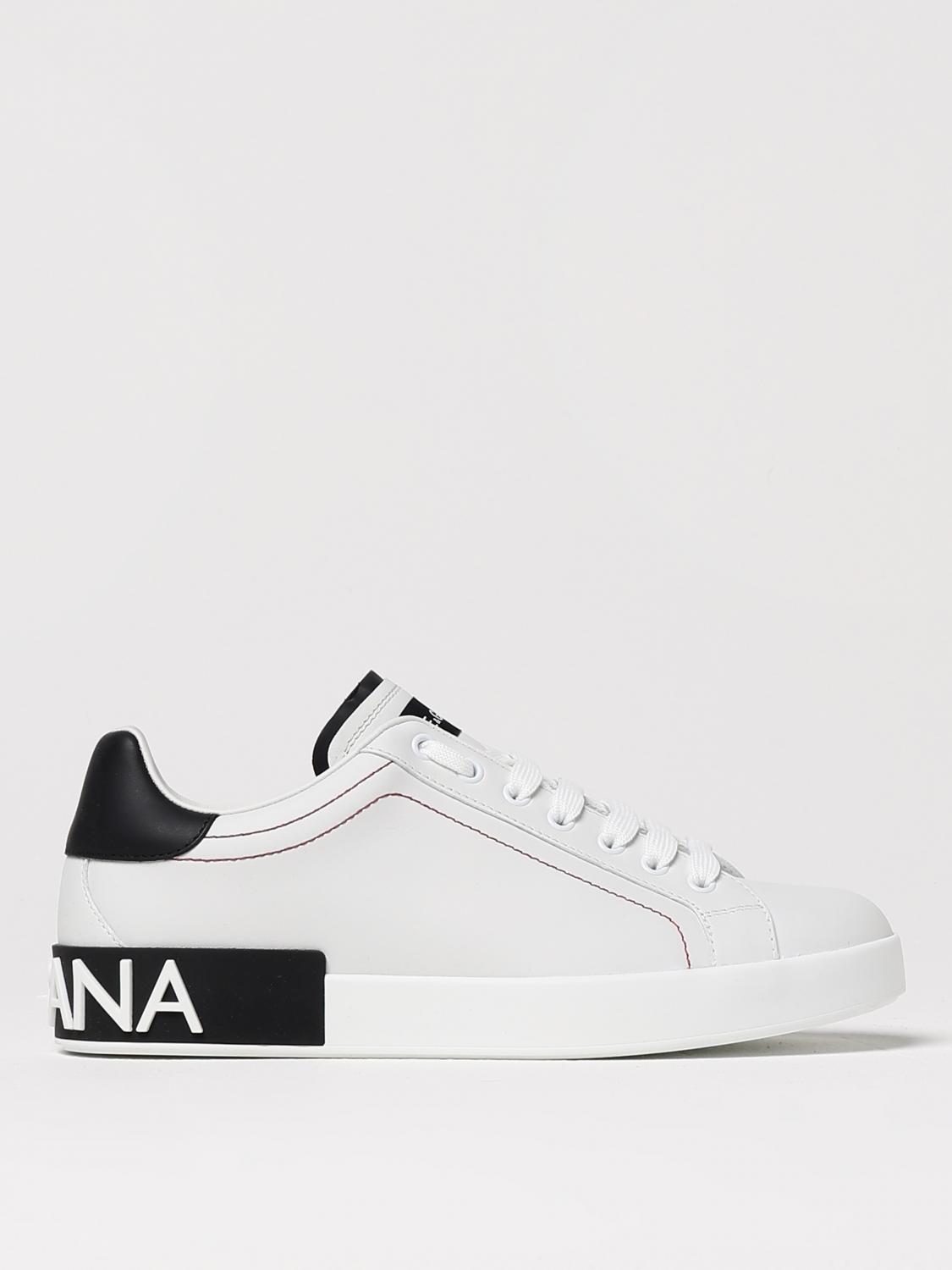Dolce & Gabbana Portofino Leather Sneakers With Rubberized Logo Shoes In Weiss