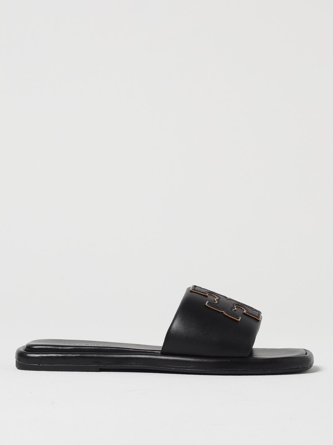 Tory Burch Double T Leather Slides In Schwarz