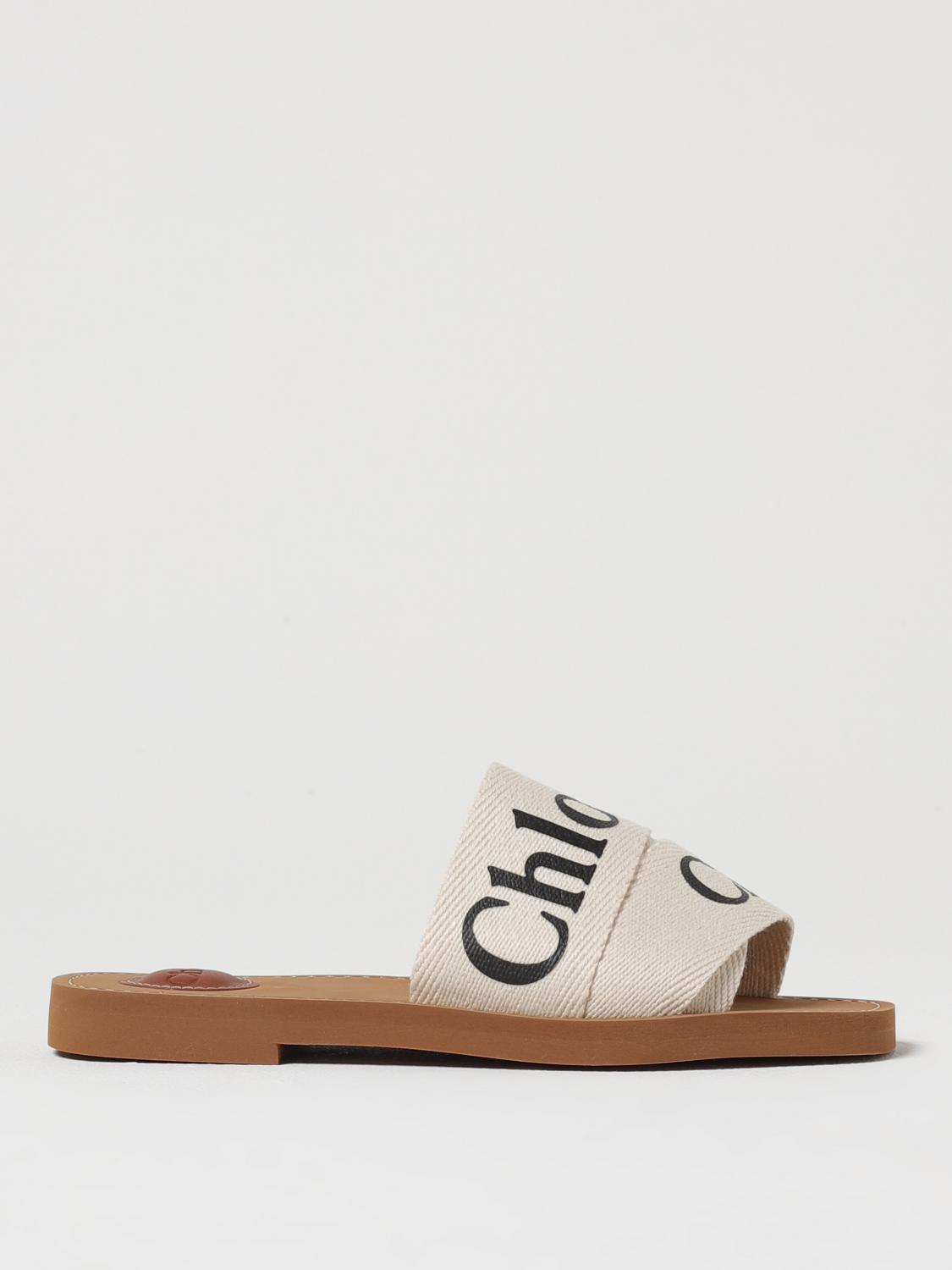 Chloé Woody Flat Logo Ribbon Slide Sandals In White
