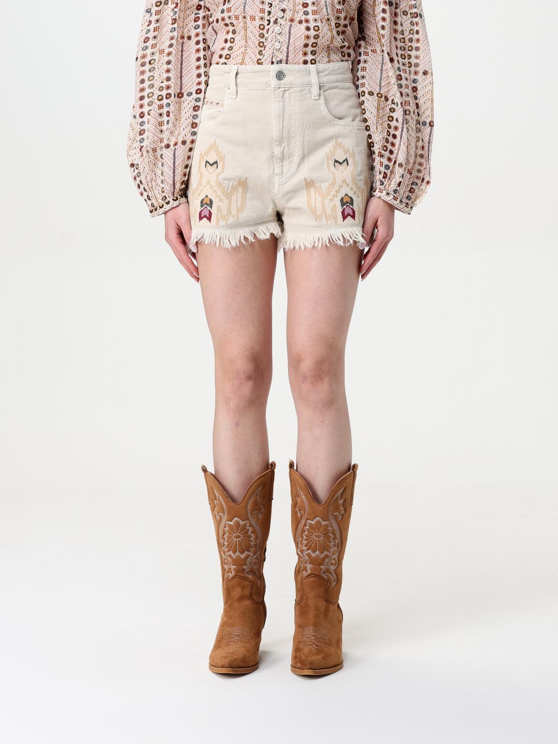 Isabel Marant Étoile 'lesia' Beige Shorts With Fringed Hem And Embroidered Motif In Ecru