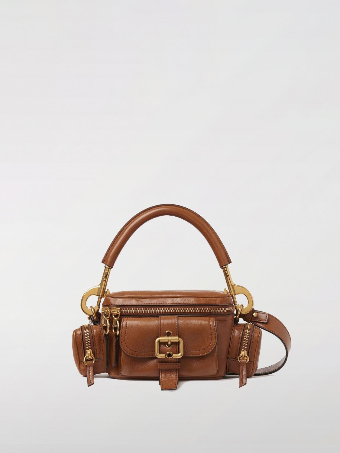 Chloé Small Double Carry Leather Bag With Multipocket Detail In Earth
