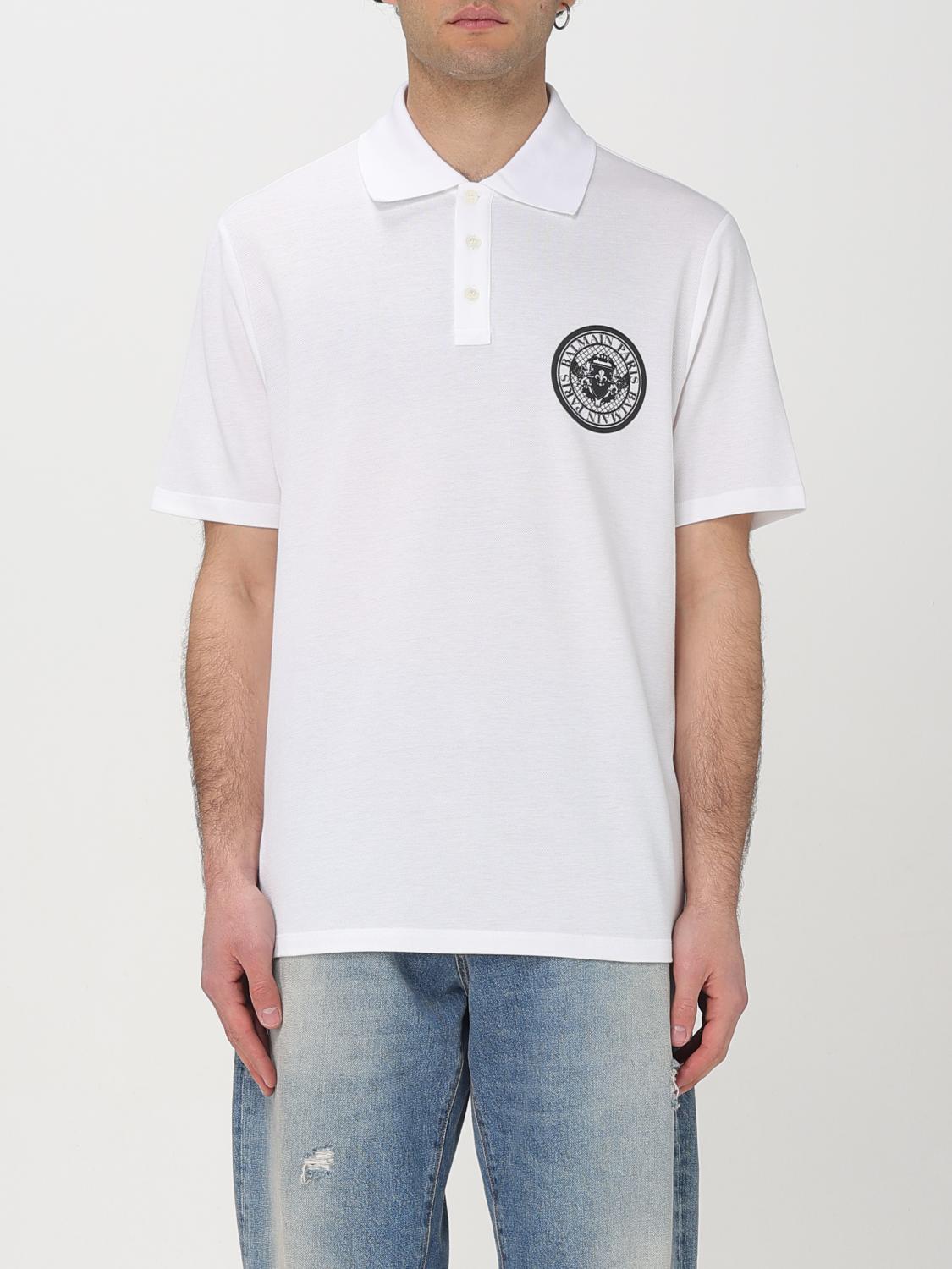 Balmain White Polo Shirt With Collar And Coin Print On The Front In Cotton Man In White